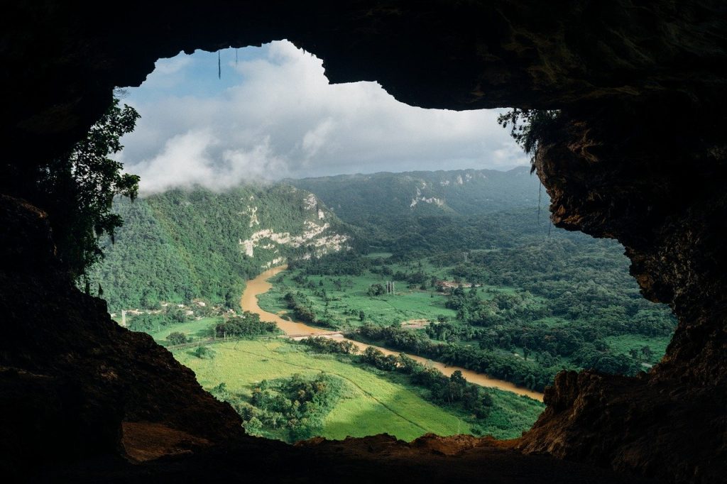 cave, view, river